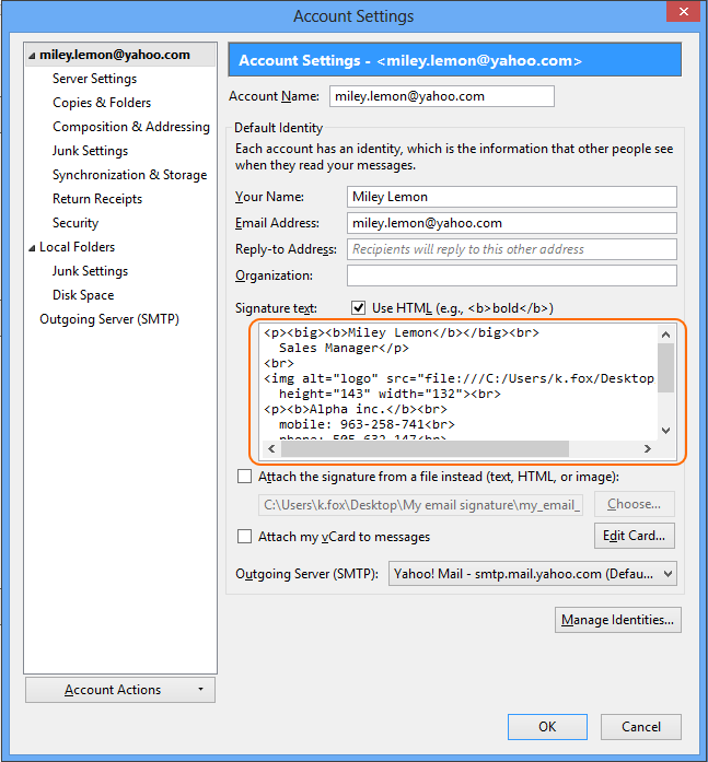 Paste the copied HTML code into the Signature text section in Account settings. 