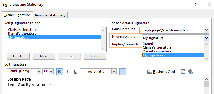 Choosing email signature for new messages and replies/forwards in Outlook 2013