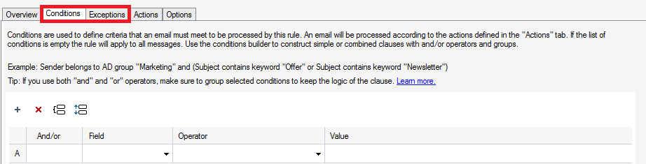Exceptions and conditions tab