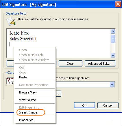 Right click on your signature and select the Insert Image option.