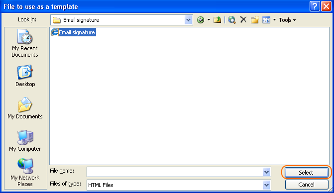 Search for the file containg your email signature and select it.