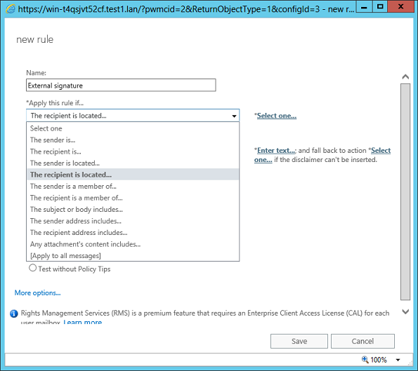Exchange 2016 ECP: Configuring conditions for a mail flow rule