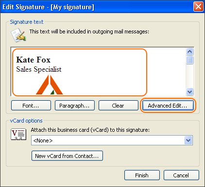 In the Edit Signature window, you can preview your email signature and modify it using the Advanced Edit option.