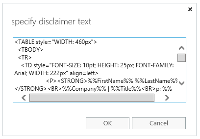 Exchange 2016 ECP: The 'specify disclaimer text' window
