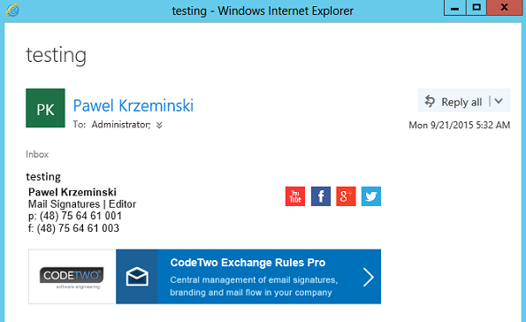 Exchange 2016: Testing a disclaimer added by a mail flow rule