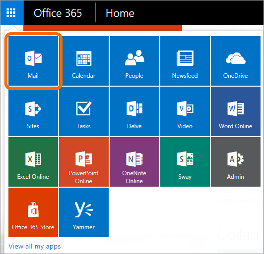 The main view of all apps in Office 365