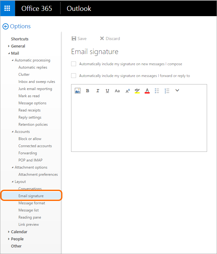 Go to the Email signature section in Outlook on the Web.