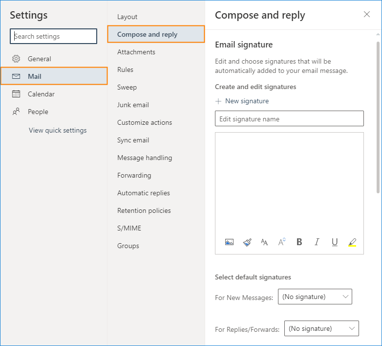 Outlook on the web email signature editor