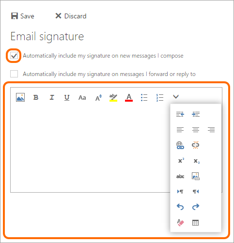 Use available formatting tools to create your email signature in Outlook on the Web.