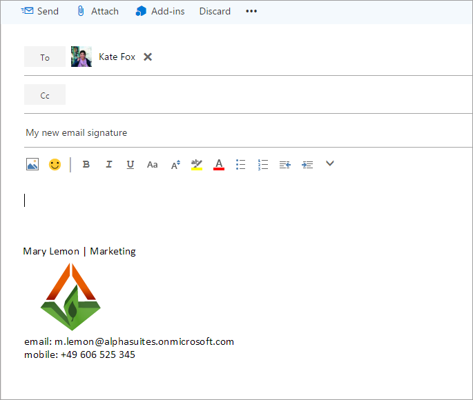 Your email signature is already inserted to a new email message in Outlook on the Web.
