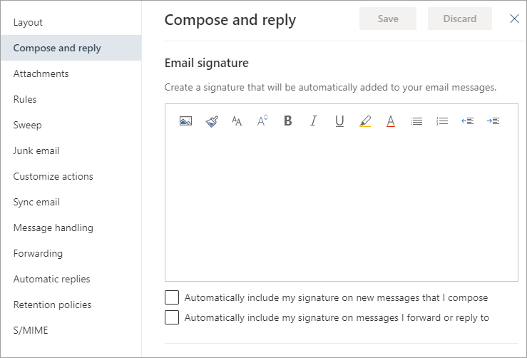 The new Outlook on the Web signature settings