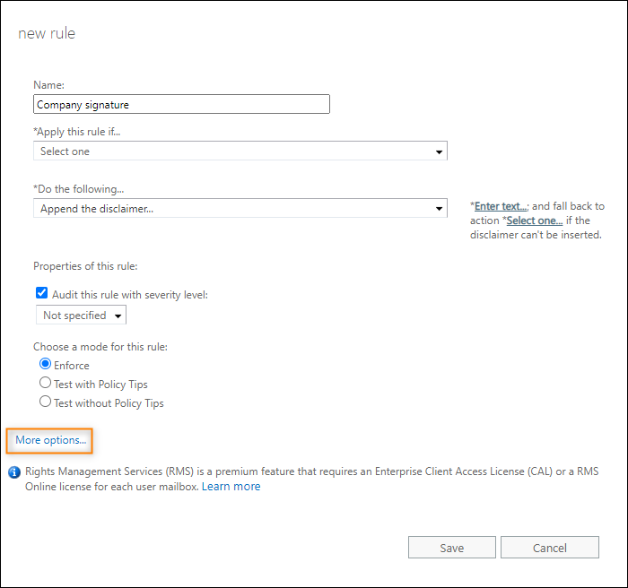 Accessing additional options for Exchange Online rule.