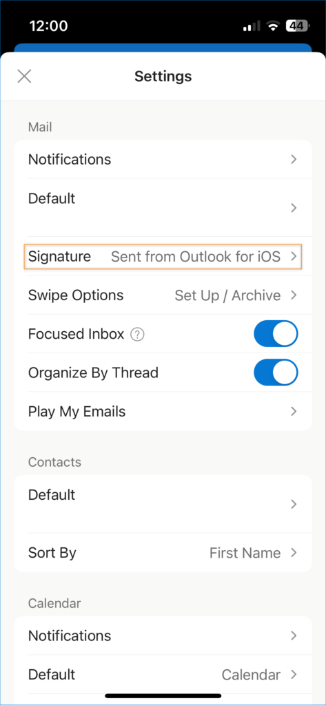Outlook for iOS - options