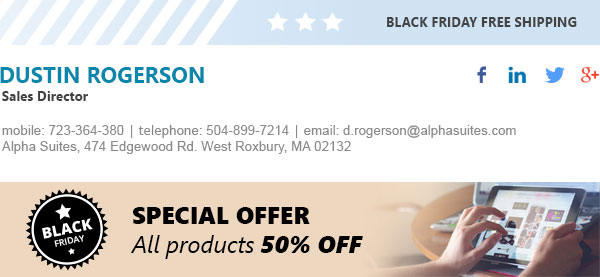Black Friday email signature including top and bottom marketing graphics.
