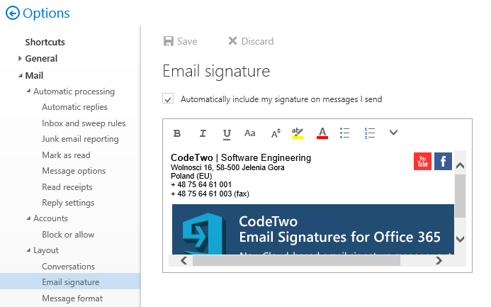 Outlook Web App, Options, Email Signature