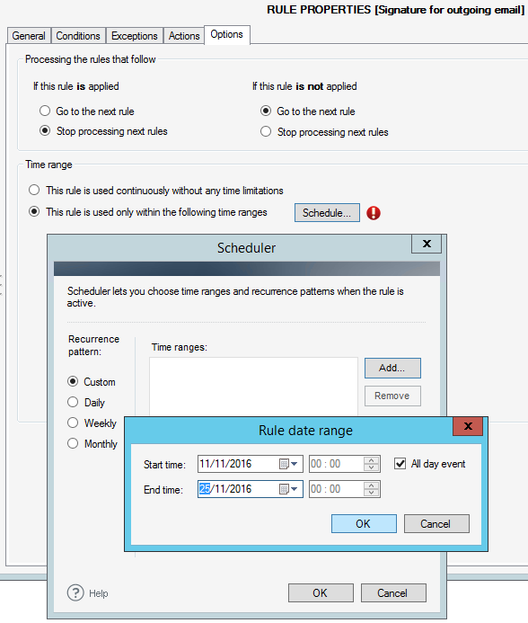 Use the CodeTwo Exchange Rules' Scheduler to plan rule's activity periods.
