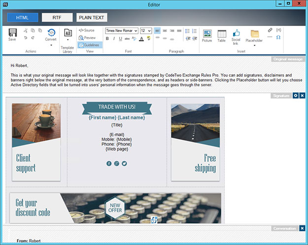 Use CodeTwo program's Template Editor to create Black Friday email signature. 