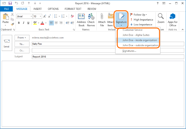 Select one email signature while composing a new email message in Outlook.