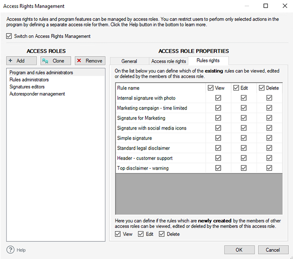 Email signature management delegation options