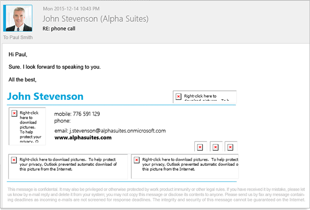 Email signature limitation - missing contact details and images.