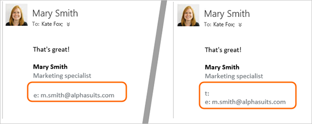 Signatures compared where one has no phone number pulled from Active Directory. 