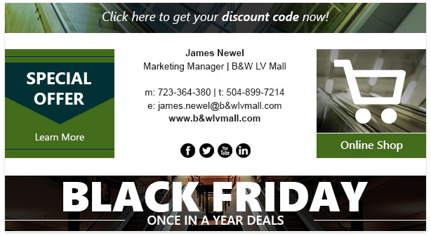 An email signature that consists of top, side and bottom banners.
