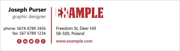 A signature with company logo and social media buttons.