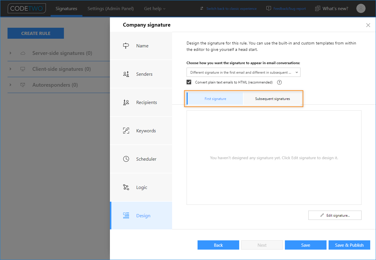 Setting up first signature in emails