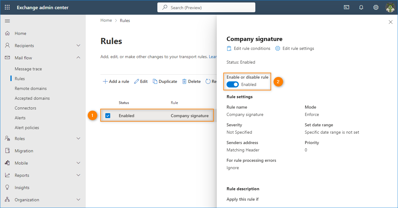 Enabling the mail flow rule