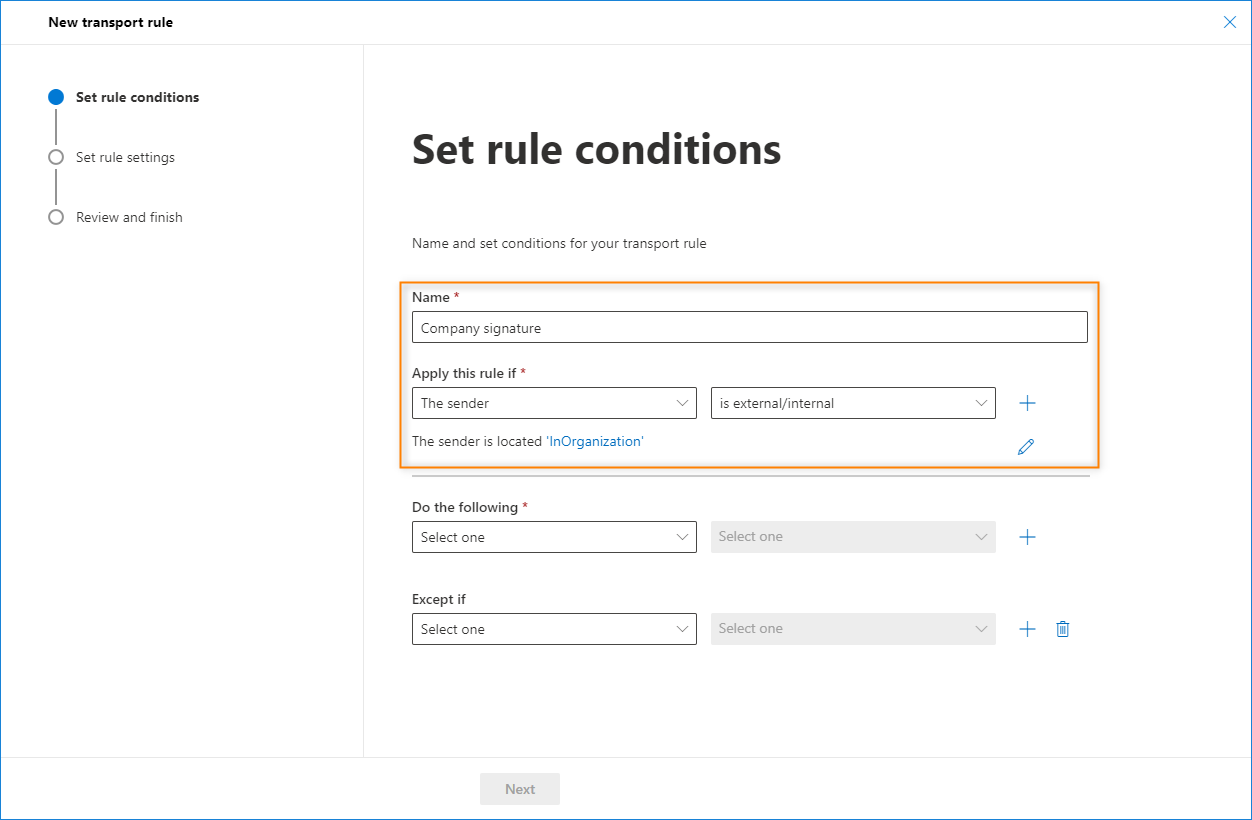 New rule name and conditions