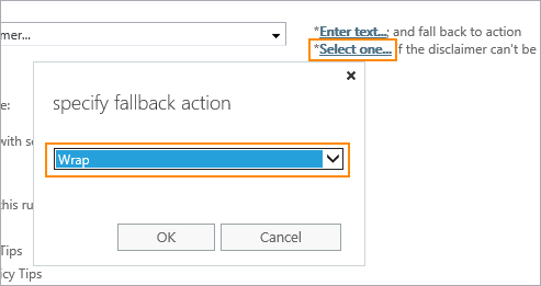 Select a fallback action for your email signature rule. 