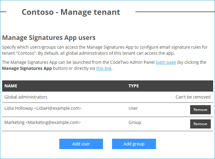 CodeTwo Email Signatures for Office 365 - manage access rights