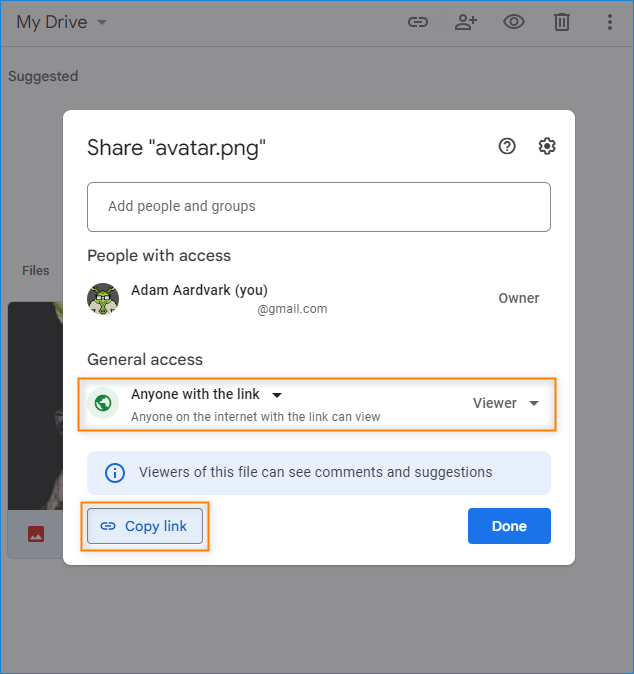 Google drive sharing options