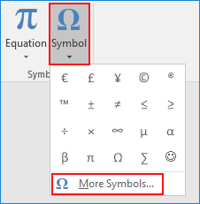 Insert symbol in MS Word