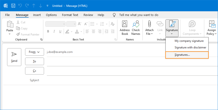 Accessing email signature settings in Outlook.