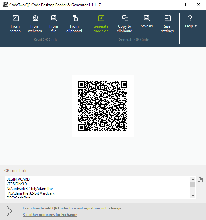 Encoding a vCard in the QR code