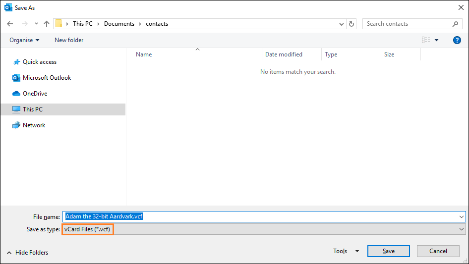 Choosing the location to save a VCF file.