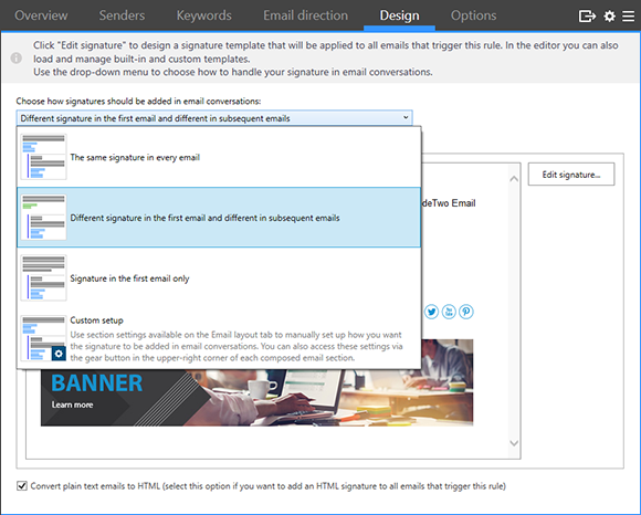 Set up different signatures for new emails and replies.
