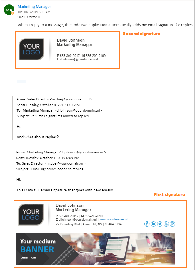 Different email signatures for first and next email within the same thread.