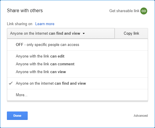 Google drive sharing options