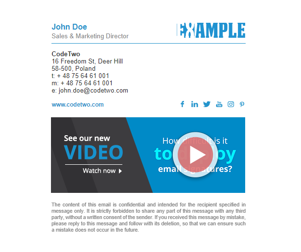 Email signature with a video thumbnail.