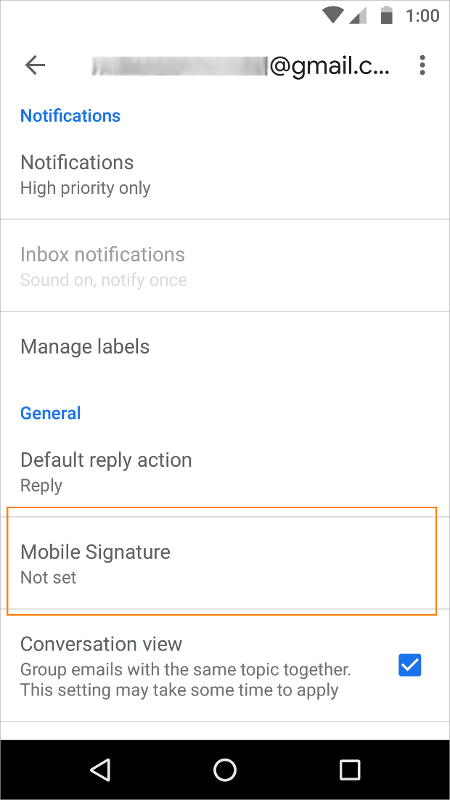 Mobile signature in Gmail app