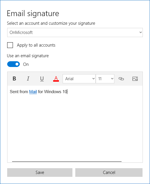 Windows 10 Mail app Signature editor