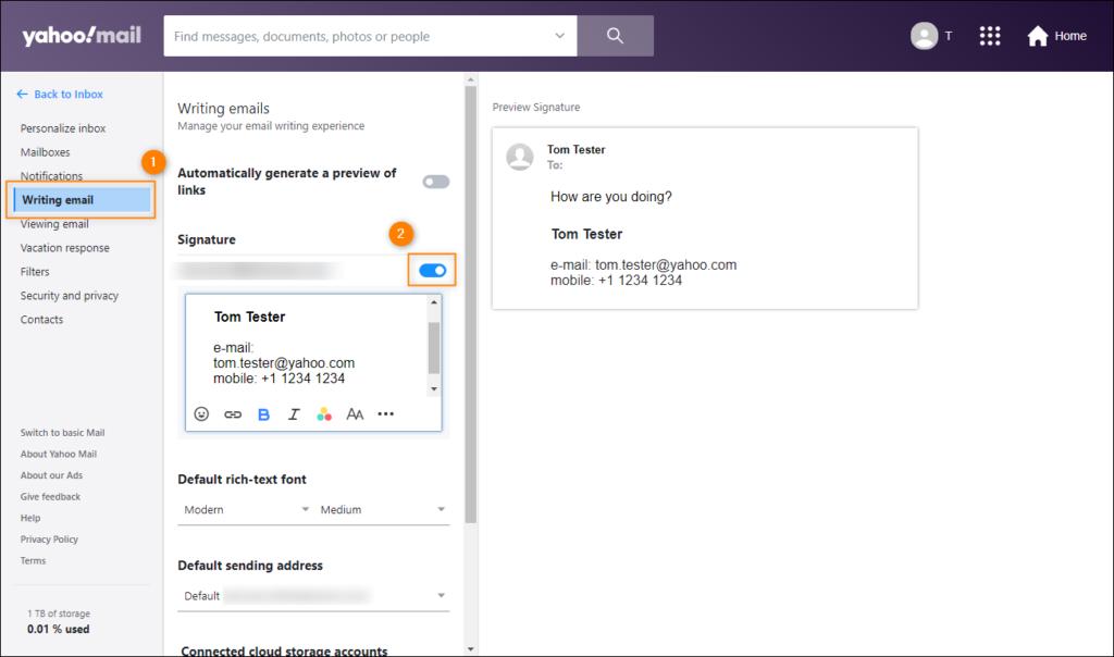 Enabling email signature in Yahoo mail
