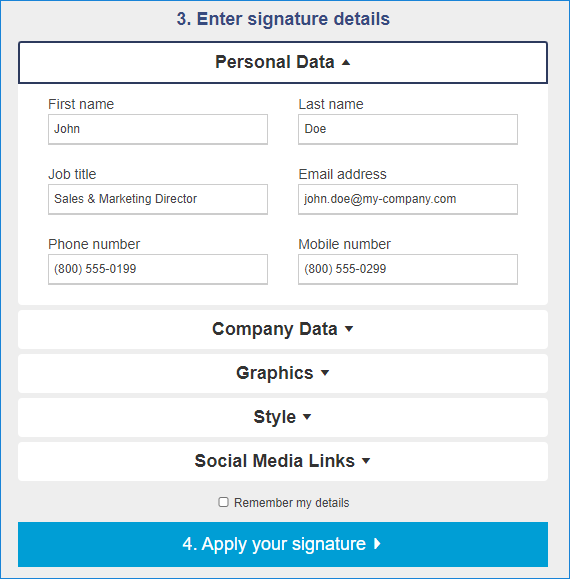 Signature generator guide - Enter signature details