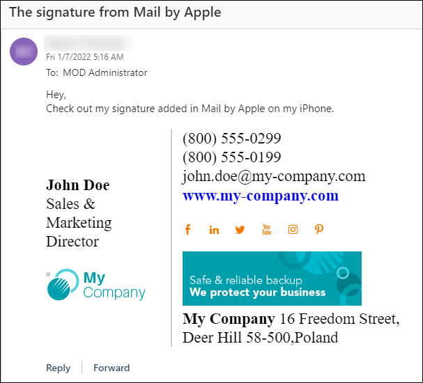 Text formatting issues in signature sent from Mail by Apple