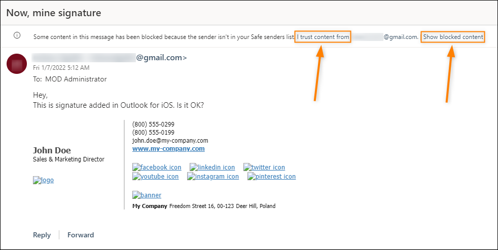 User must click messages to display multimedia content in signature