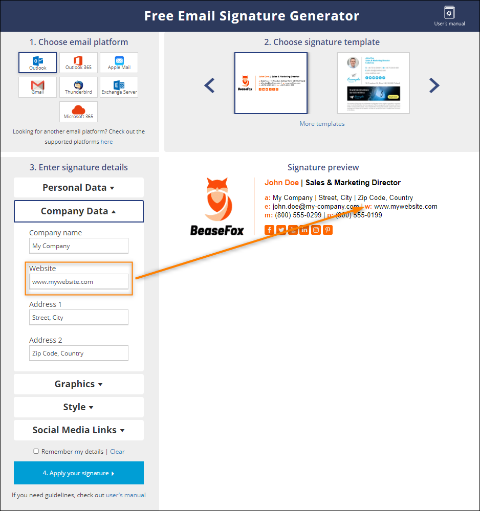 How to insert basic website link in free signature generator
