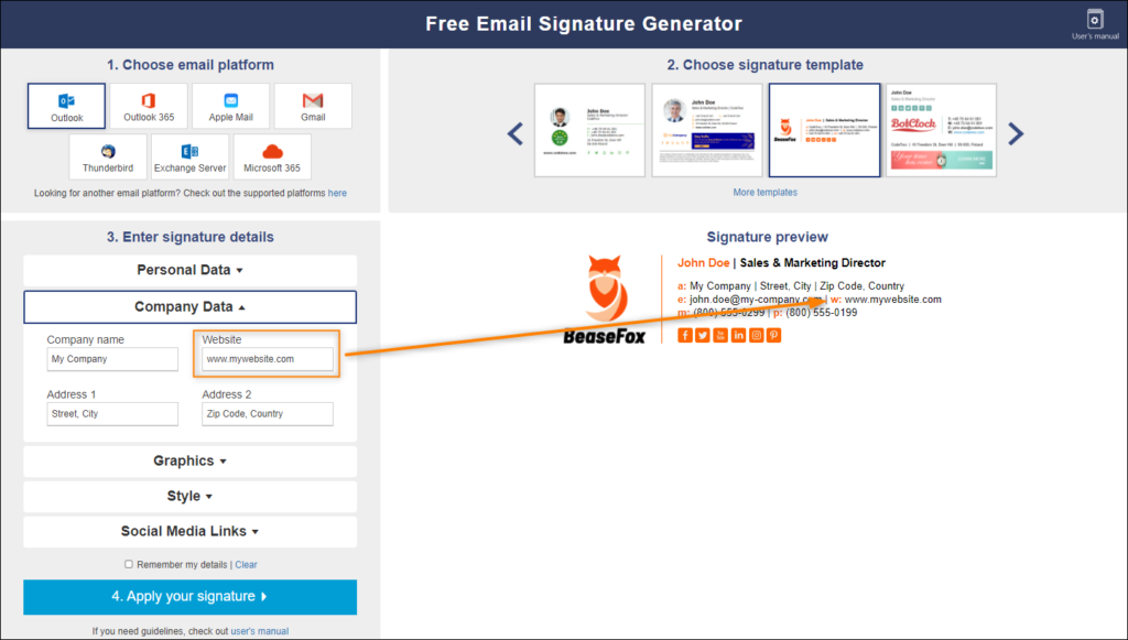How to insert website link in free signature generator