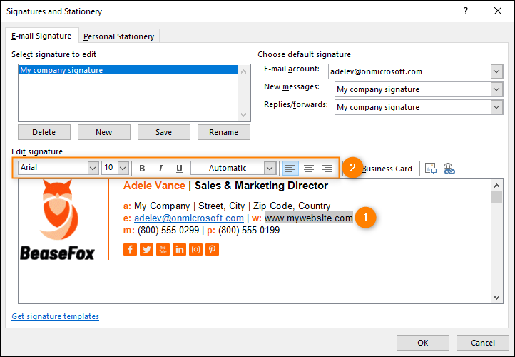 Formatting a website link in Outlook signature editor